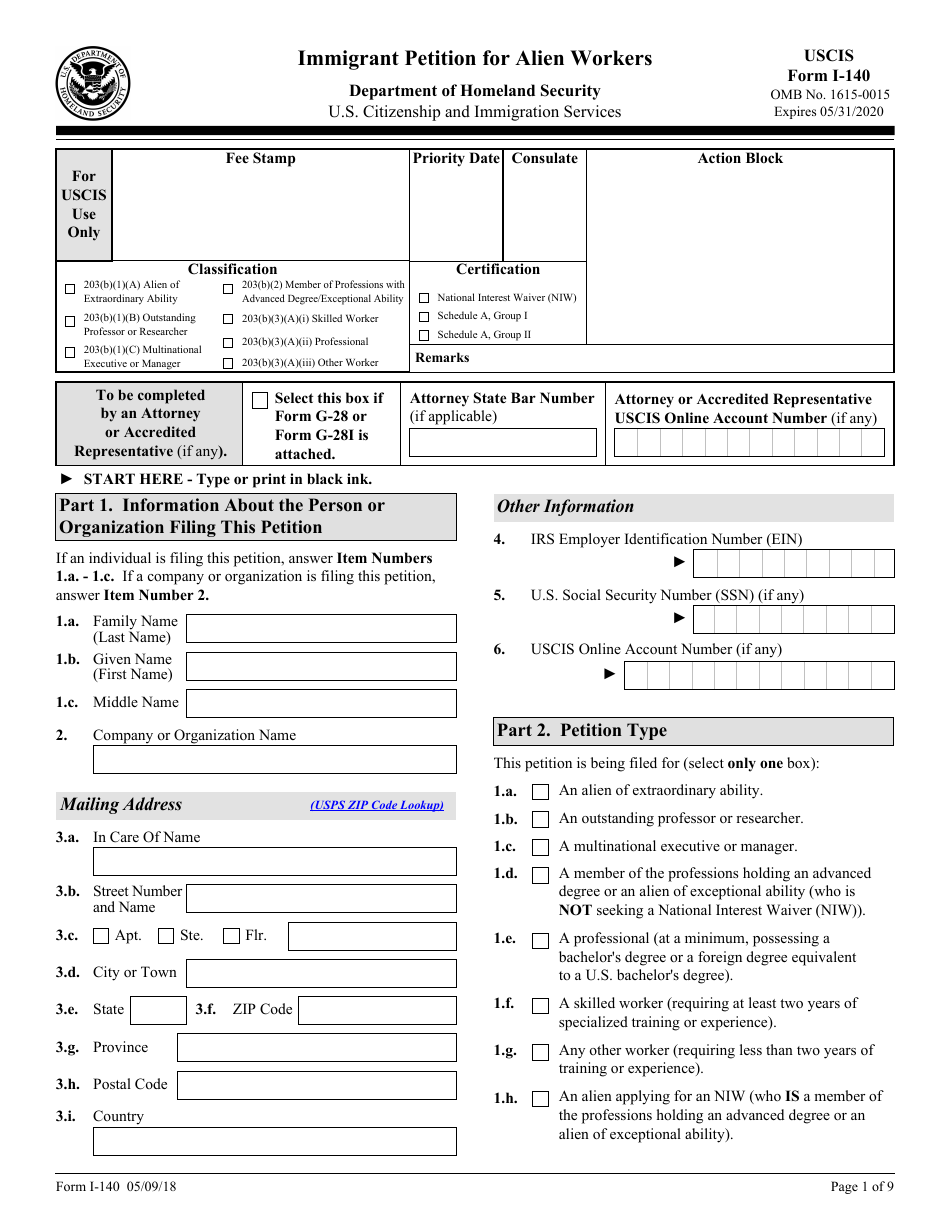 USCIS Form I-140 Immigrant Petition for Alien Workers, Page 1