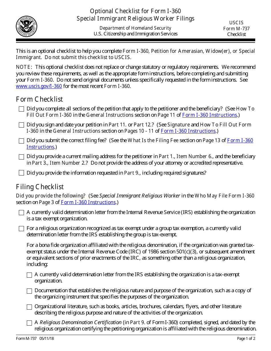 USCIS Form M-737 Optional Checklist for Form I-360 - Special Immigrant Religious Worker Filings, Page 1
