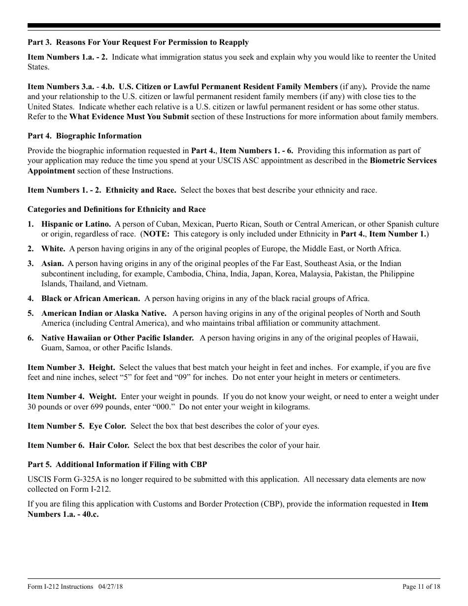 Instructions for USCIS Form I-212 Application for Permission to Re-apply for Admission Into the United States After Deportation or Removal, Page 11