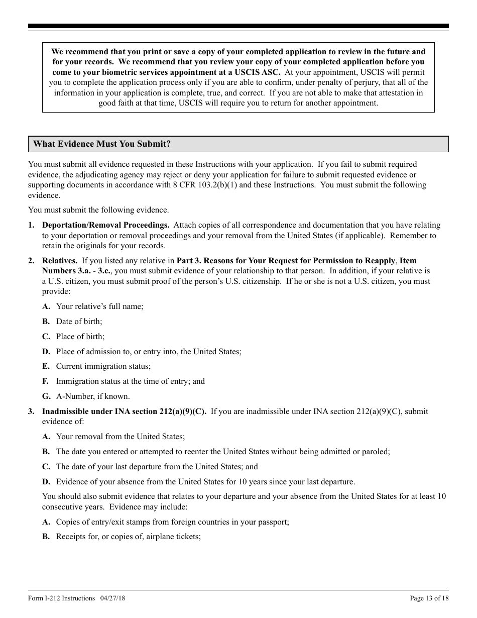 Instructions for USCIS Form I-212 Application for Permission to Re-apply for Admission Into the United States After Deportation or Removal, Page 13