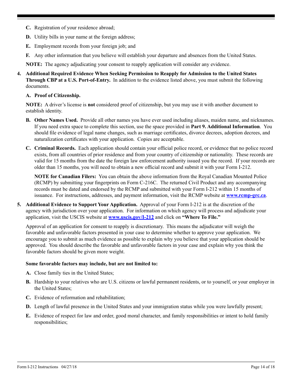 Instructions for USCIS Form I-212 Application for Permission to Re-apply for Admission Into the United States After Deportation or Removal, Page 14