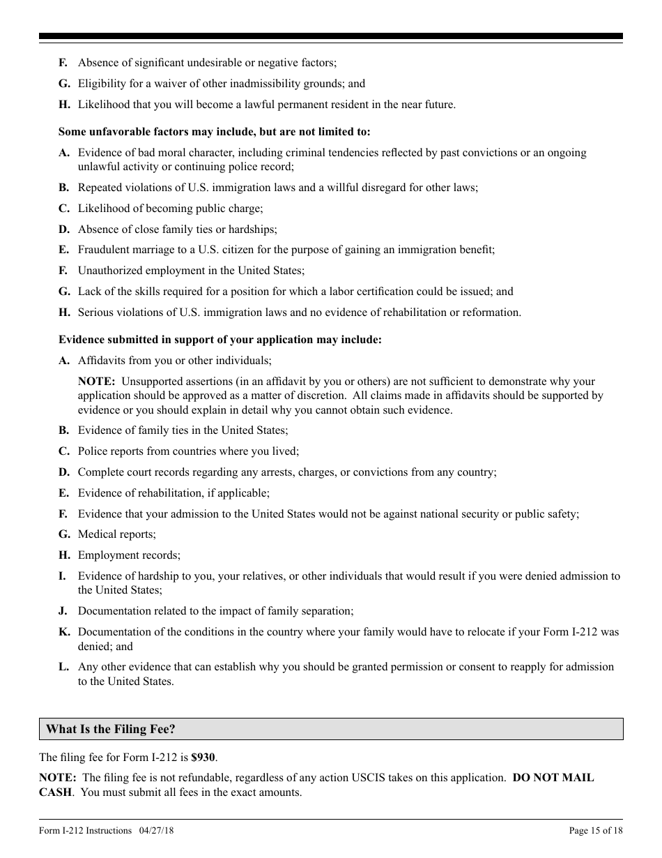 Instructions for USCIS Form I-212 Application for Permission to Re-apply for Admission Into the United States After Deportation or Removal, Page 15