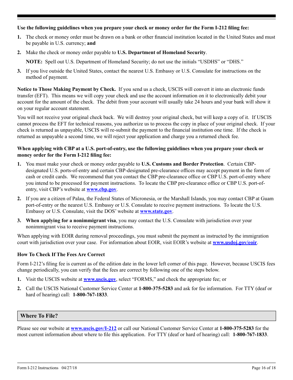 Instructions for USCIS Form I-212 Application for Permission to Re-apply for Admission Into the United States After Deportation or Removal, Page 16