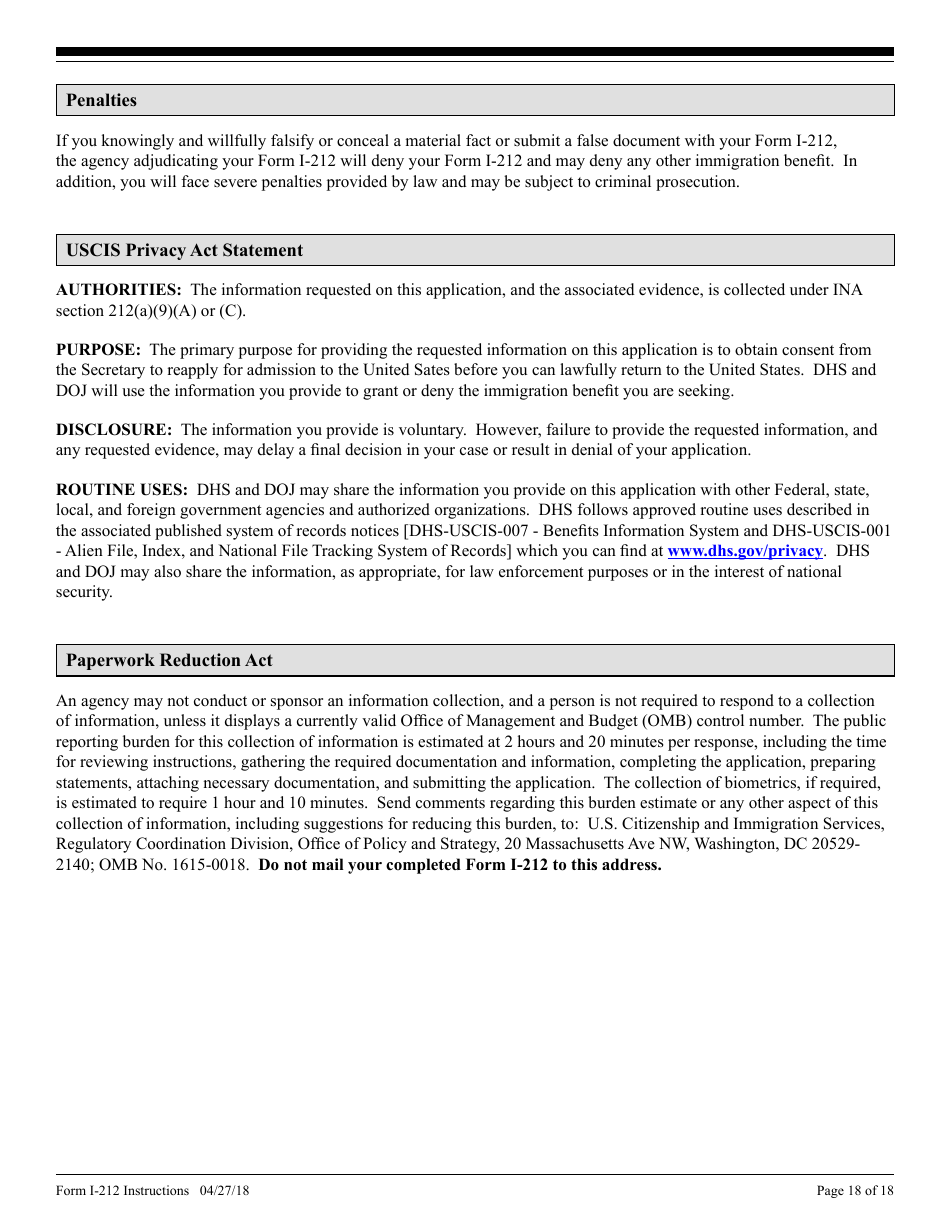 Instructions for USCIS Form I-212 Application for Permission to Re-apply for Admission Into the United States After Deportation or Removal, Page 18