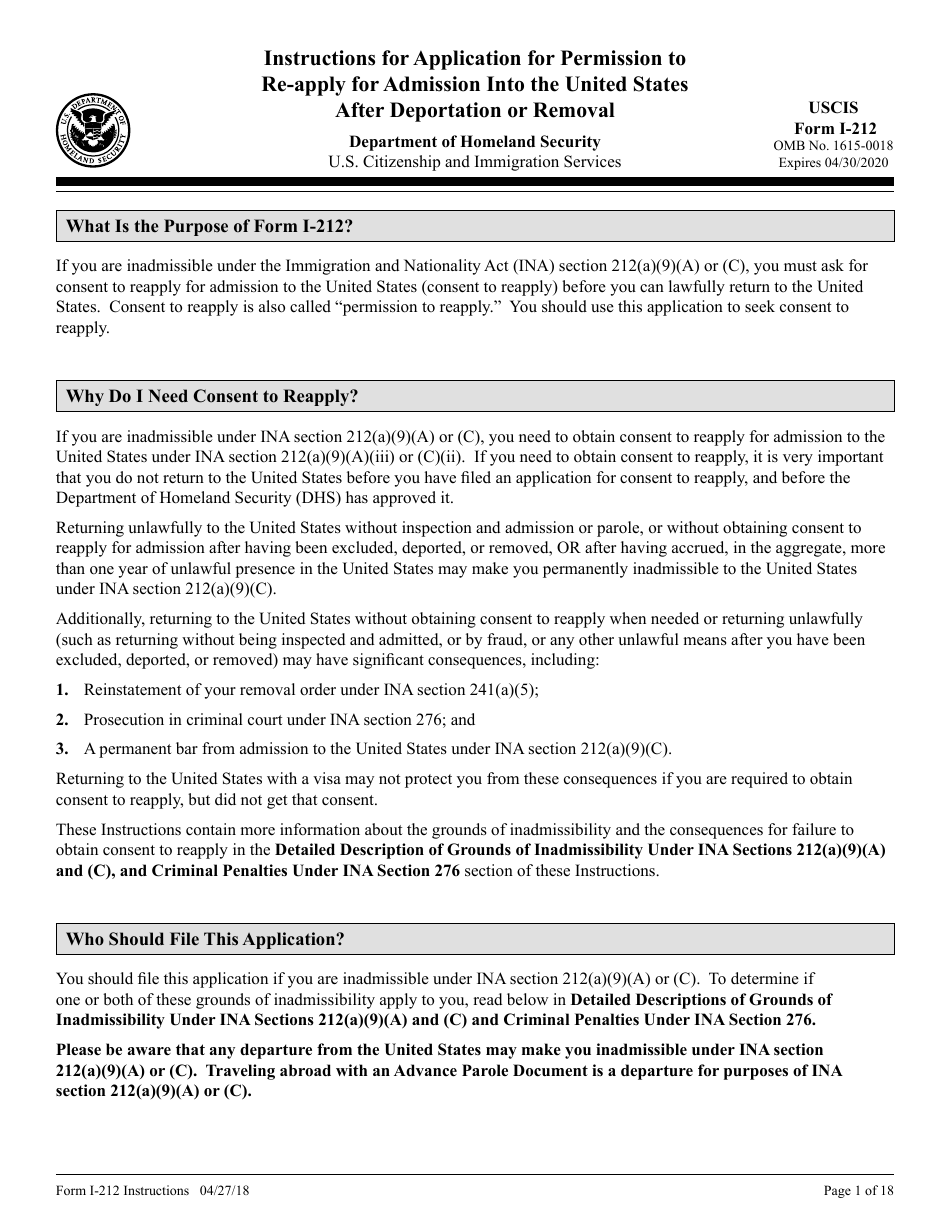Instructions for USCIS Form I-212 Application for Permission to Re-apply for Admission Into the United States After Deportation or Removal, Page 1