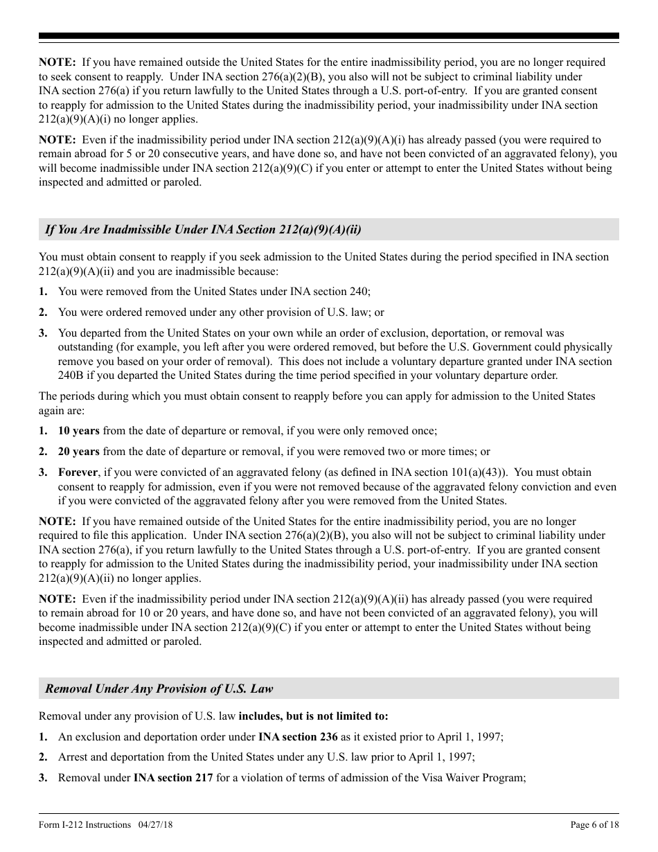Instructions for USCIS Form I-212 Application for Permission to Re-apply for Admission Into the United States After Deportation or Removal, Page 6