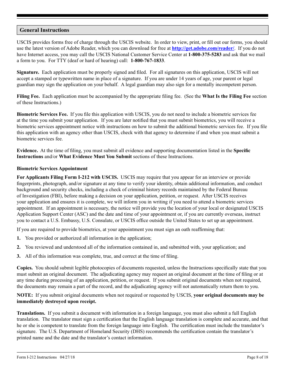 Instructions for USCIS Form I-212 Application for Permission to Re-apply for Admission Into the United States After Deportation or Removal, Page 8