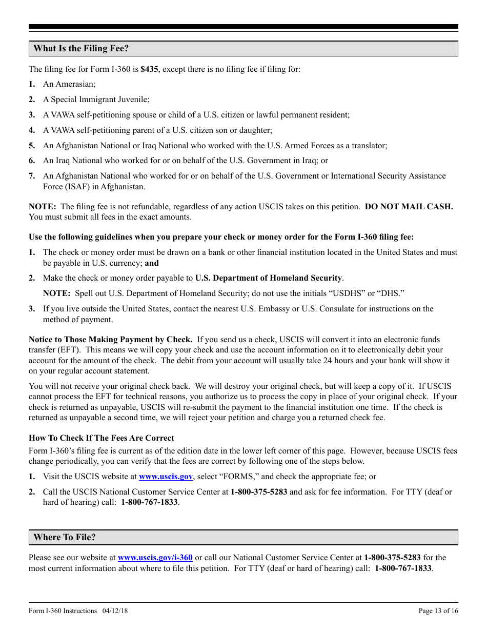 Instructions for USCIS Form I-360 Petition for Amerasian, Widow(Er), or Special Immigrant, Page 13