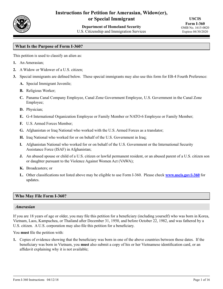 Instructions for USCIS Form I-360 Petition for Amerasian, Widow(Er), or Special Immigrant, Page 1