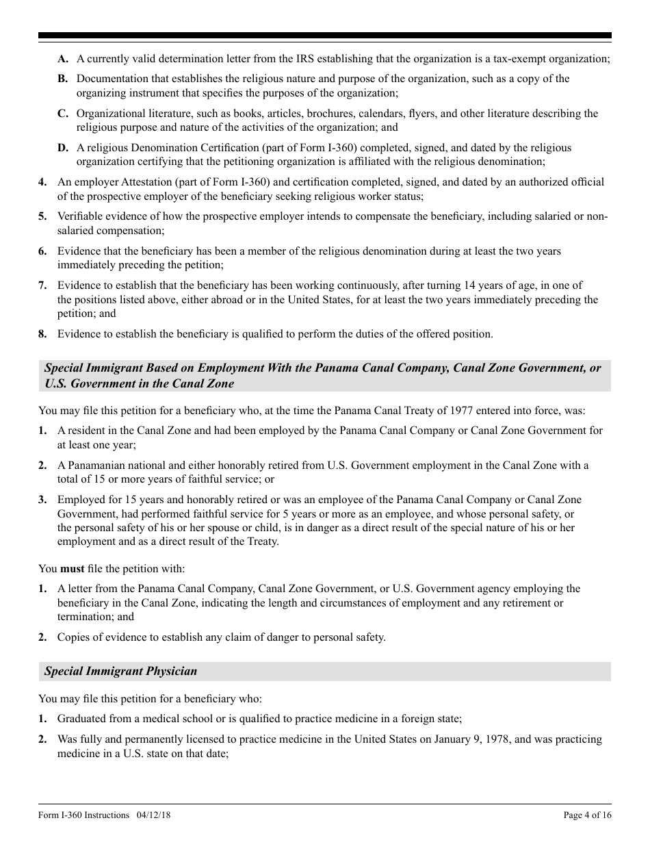 Instructions for USCIS Form I-360 Petition for Amerasian, Widow(Er), or Special Immigrant, Page 4