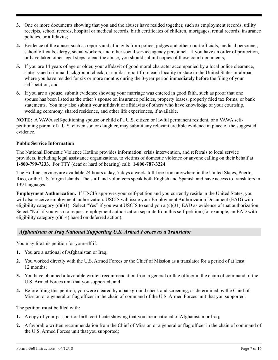 Instructions for USCIS Form I-360 Petition for Amerasian, Widow(Er), or Special Immigrant, Page 7