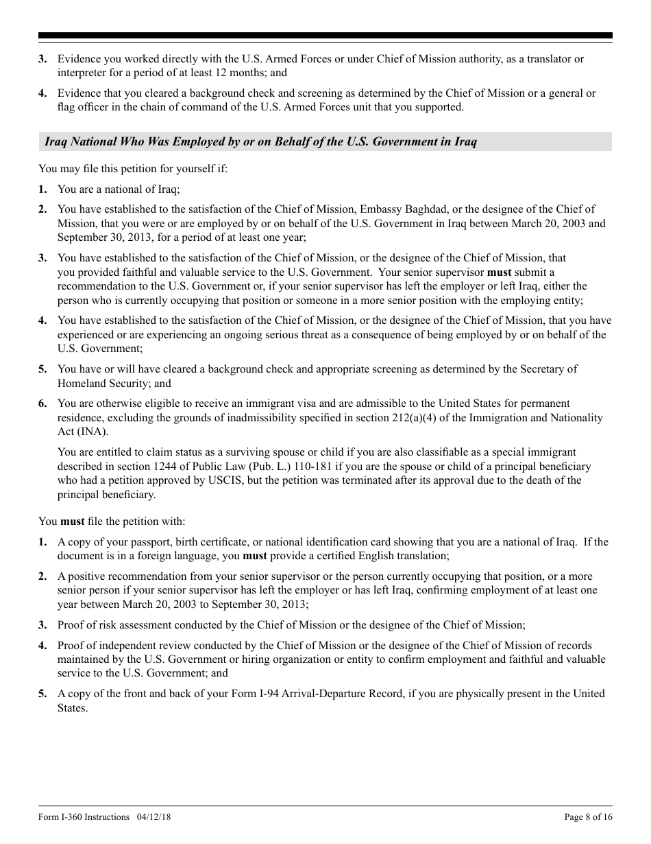 Instructions for USCIS Form I-360 Petition for Amerasian, Widow(Er), or Special Immigrant, Page 8