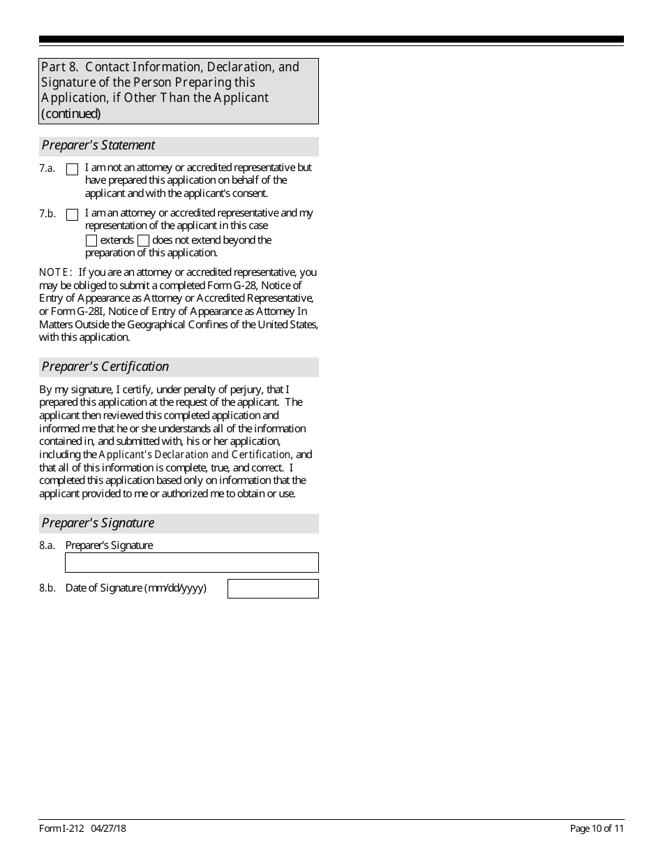 USCIS Form I-212 Application for Permission to Reapply for Admission Into the United States After Deportation or Removal, Page 10