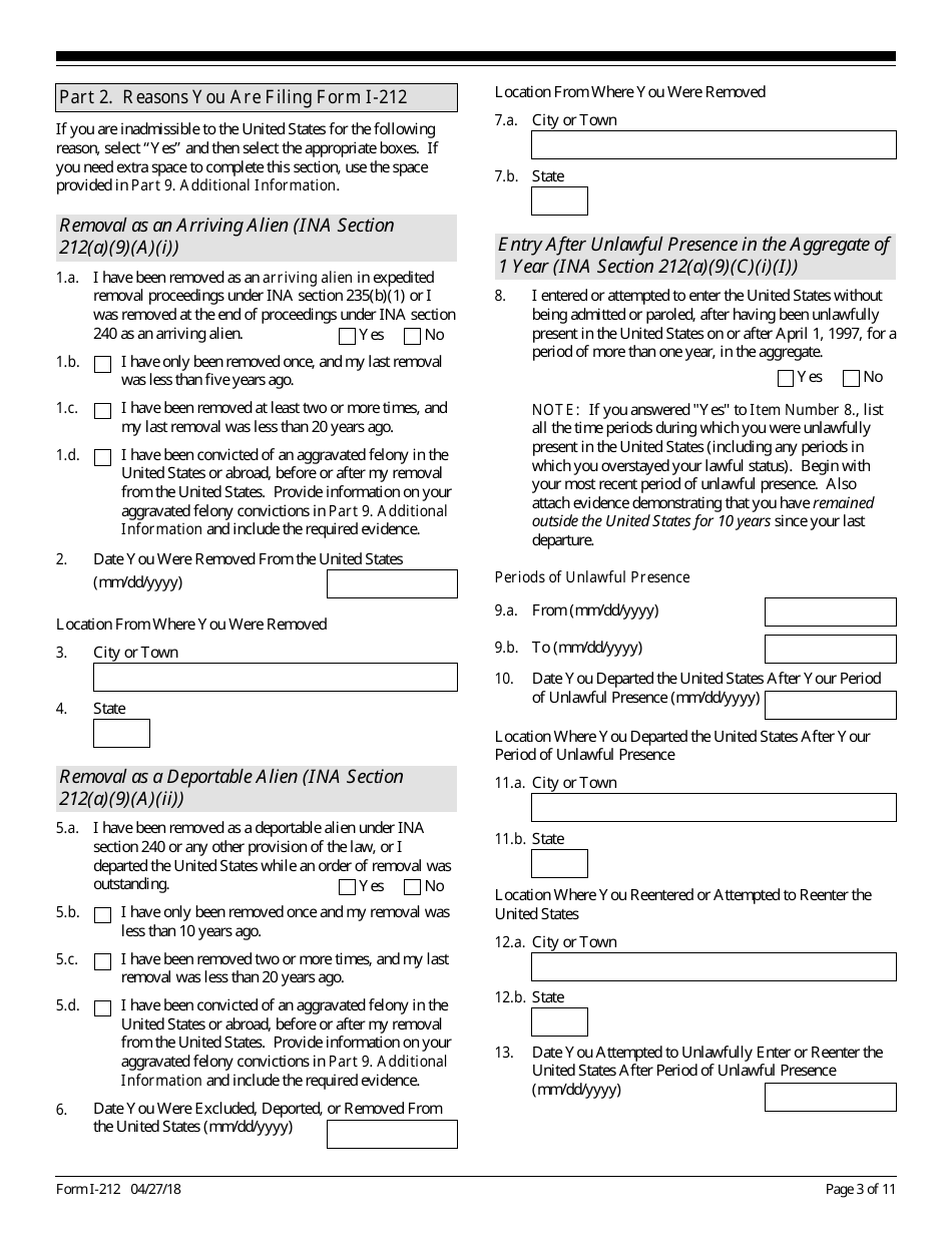 USCIS Form I-212 Application for Permission to Reapply for Admission Into the United States After Deportation or Removal, Page 3