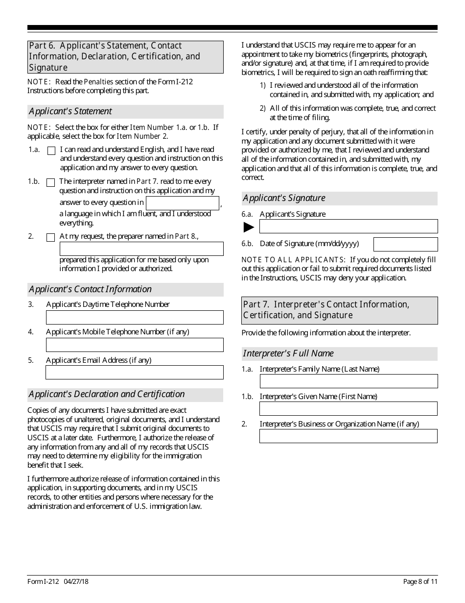 USCIS Form I-212 Application for Permission to Reapply for Admission Into the United States After Deportation or Removal, Page 8