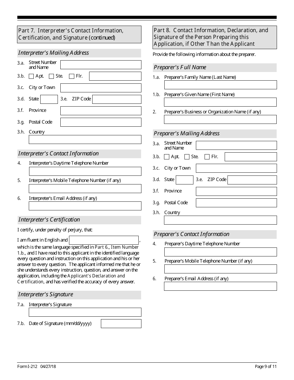 USCIS Form I-212 Application for Permission to Reapply for Admission Into the United States After Deportation or Removal, Page 9