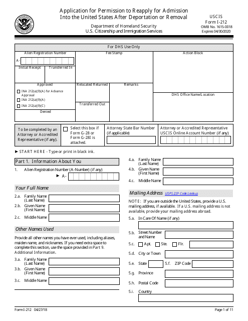 USCIS Form I-212  Printable Pdf