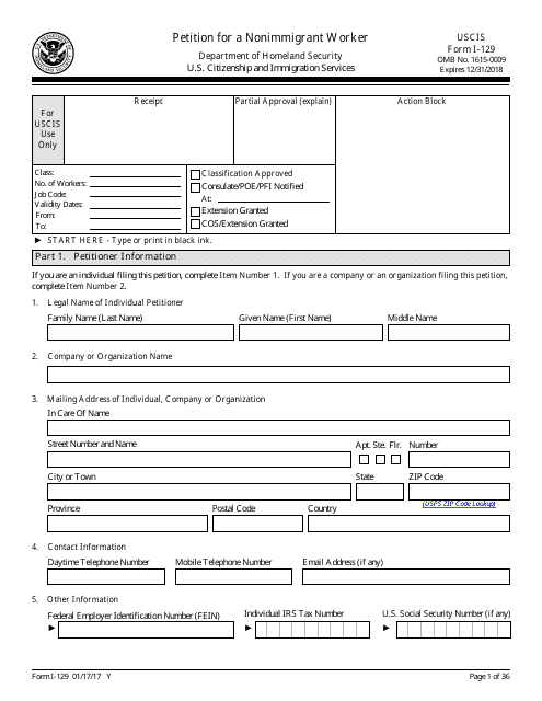 USCIS Form I-129  Printable Pdf