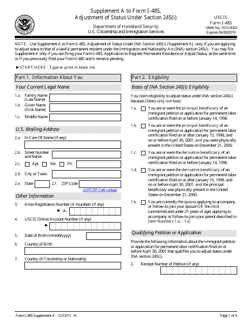 USCIS Form I-485 Supplement A  Printable Pdf