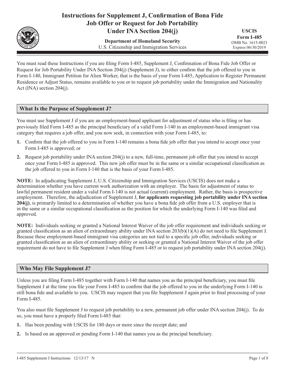 Instructions for USCIS Form I-485 Supplement J Confirmation of Bona Fide Job Offer or Request for Job Portability Under Ina Section 204(J), Page 1