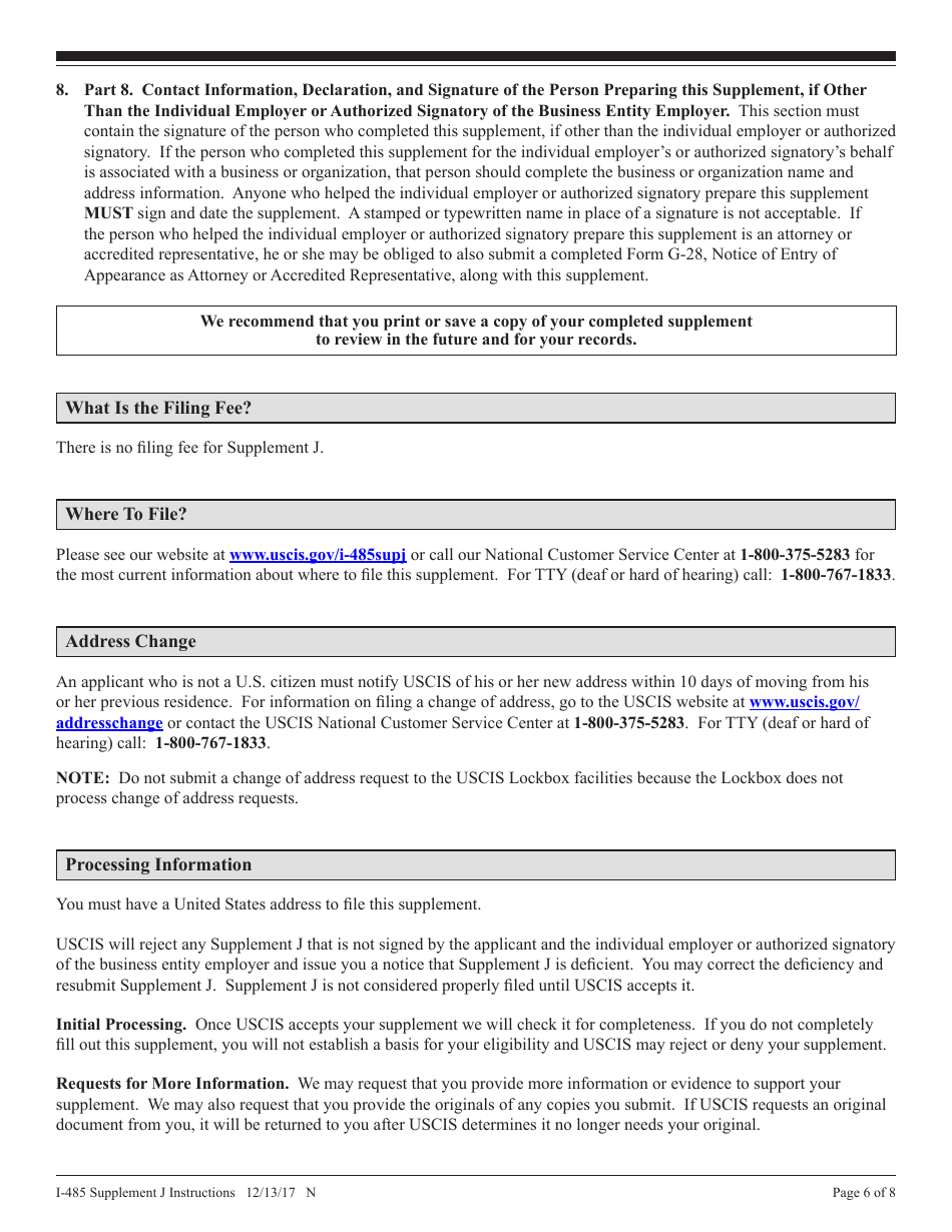 Instructions for USCIS Form I-485 Supplement J Confirmation of Bona Fide Job Offer or Request for Job Portability Under Ina Section 204(J), Page 6