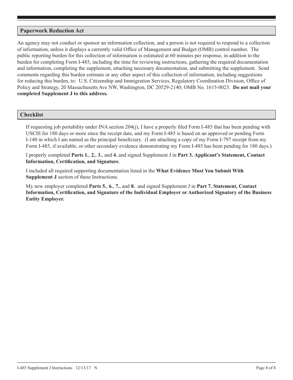 Instructions for USCIS Form I-485 Supplement J Confirmation of Bona Fide Job Offer or Request for Job Portability Under Ina Section 204(J), Page 8