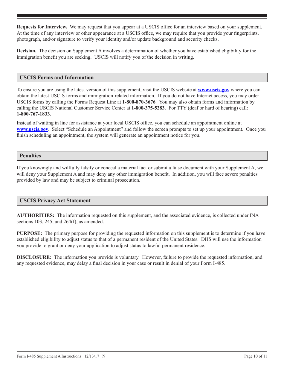 Instructions for USCIS Form I-485 Supplement A Adjustment of Status Under Section 245(I), Page 10