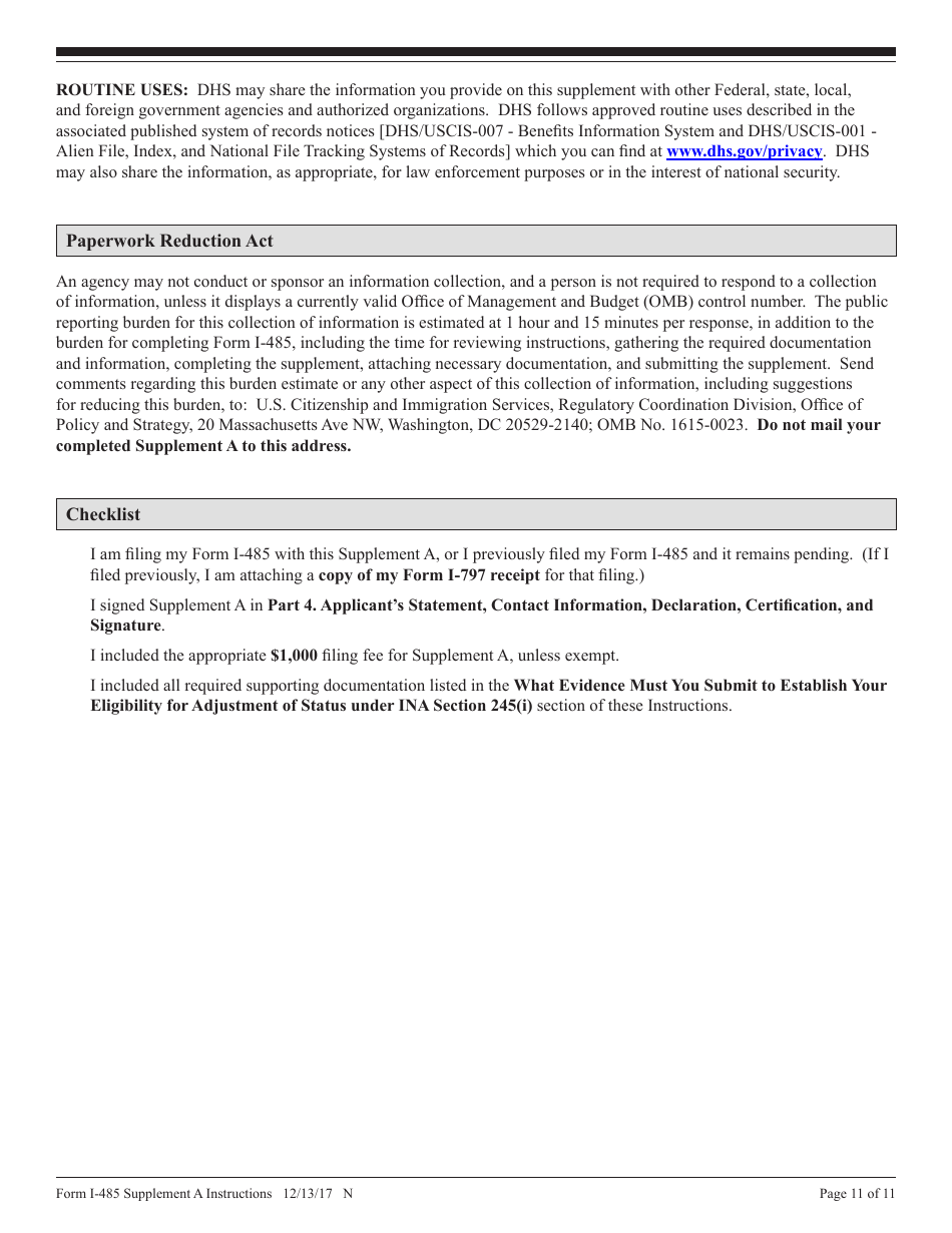 Instructions for USCIS Form I-485 Supplement A Adjustment of Status Under Section 245(I), Page 11