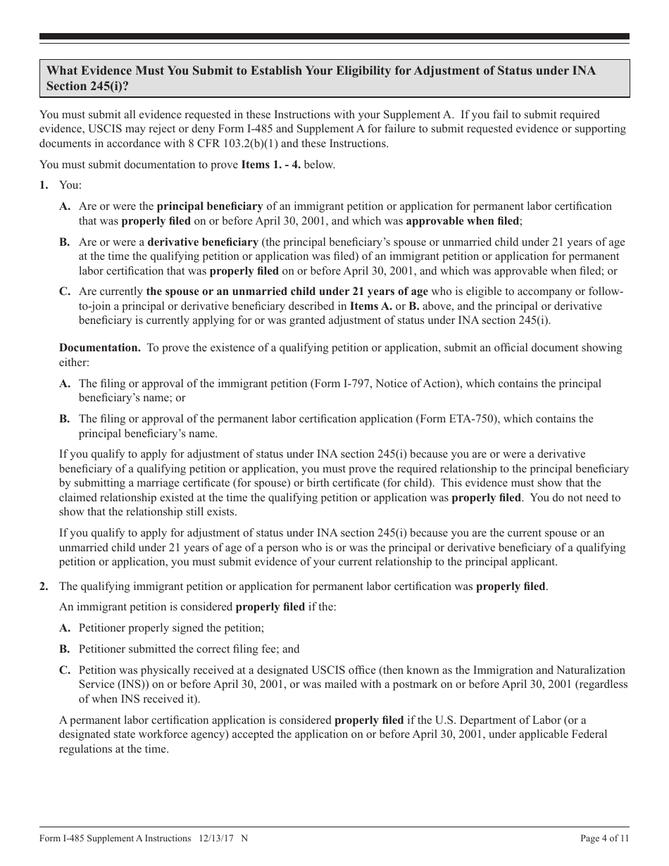 Instructions for USCIS Form I-485 Supplement A Adjustment of Status Under Section 245(I), Page 4