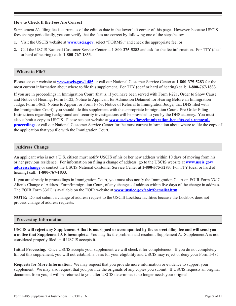 Instructions for USCIS Form I-485 Supplement A Adjustment of Status Under Section 245(I), Page 9