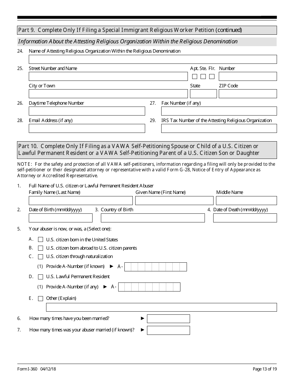 USCIS Form I-360 Petition for Amerasian, Widow(Er), or Special Immigrant, Page 13