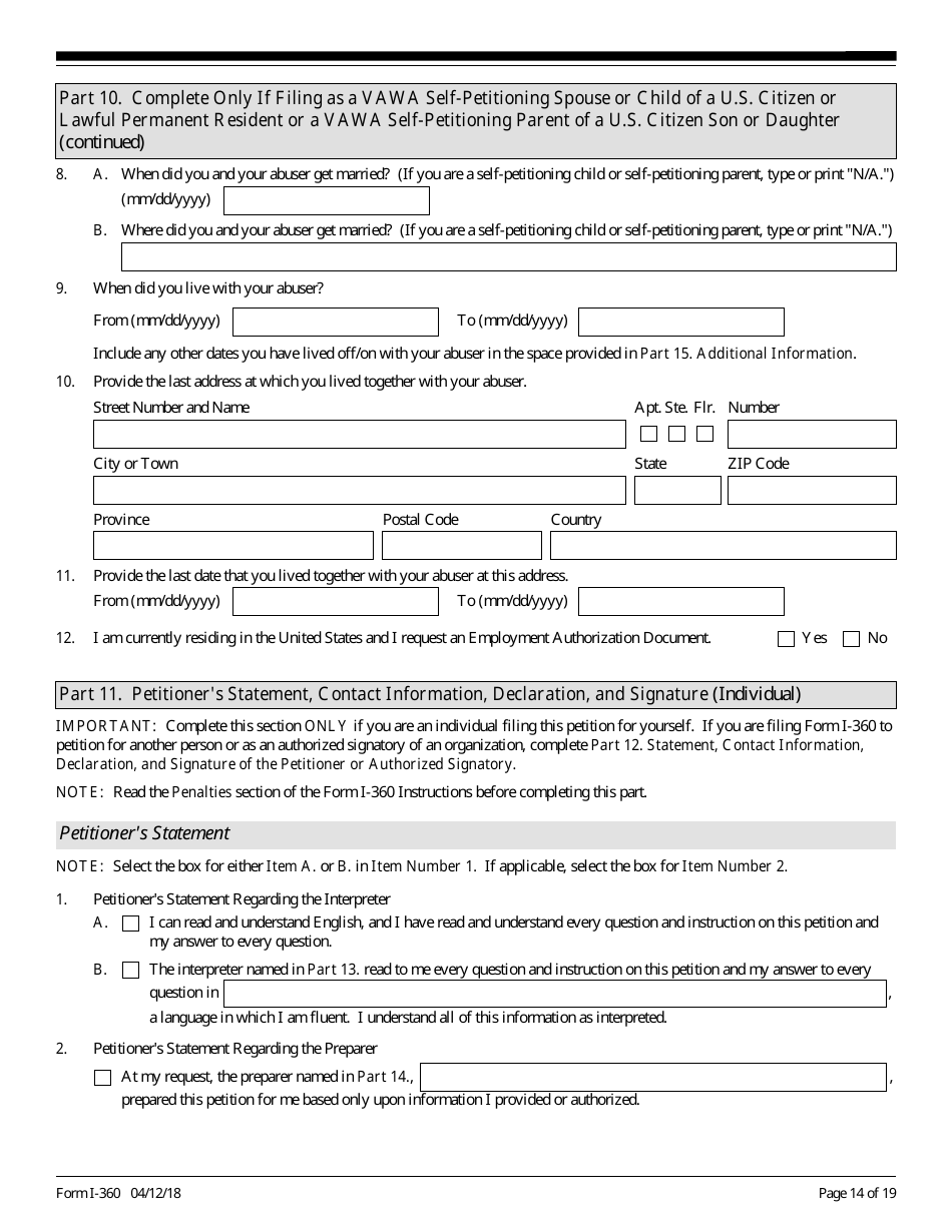 USCIS Form I-360 Petition for Amerasian, Widow(Er), or Special Immigrant, Page 14