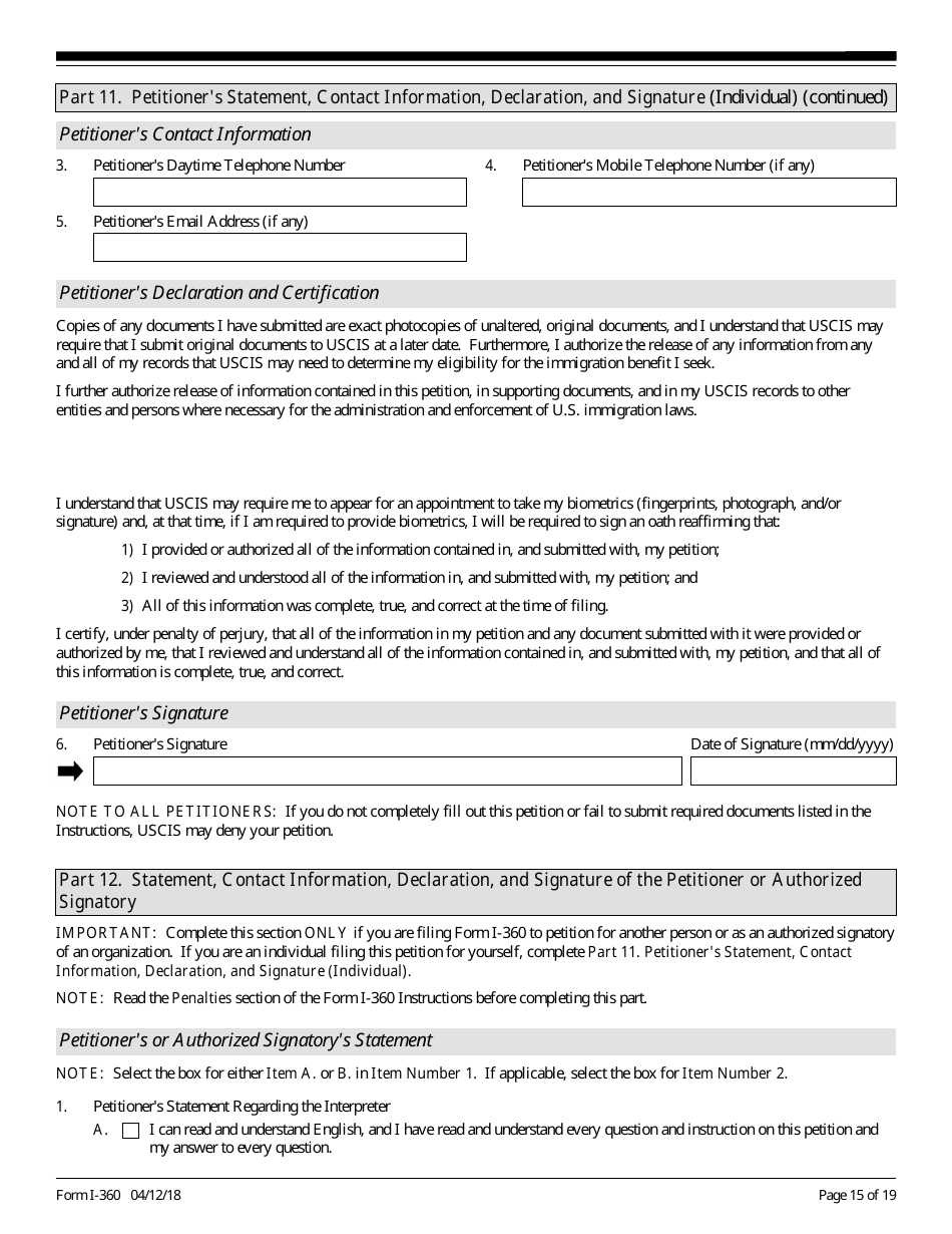 USCIS Form I-360 Petition for Amerasian, Widow(Er), or Special Immigrant, Page 15
