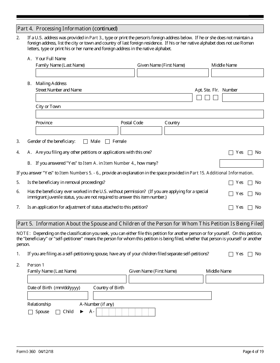 USCIS Form I-360 Petition for Amerasian, Widow(Er), or Special Immigrant, Page 4