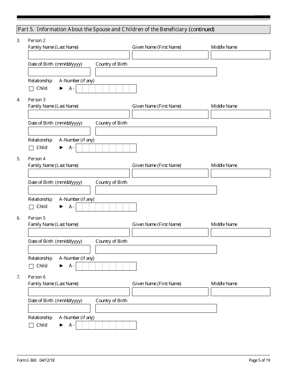 USCIS Form I-360 Petition for Amerasian, Widow(Er), or Special Immigrant, Page 5