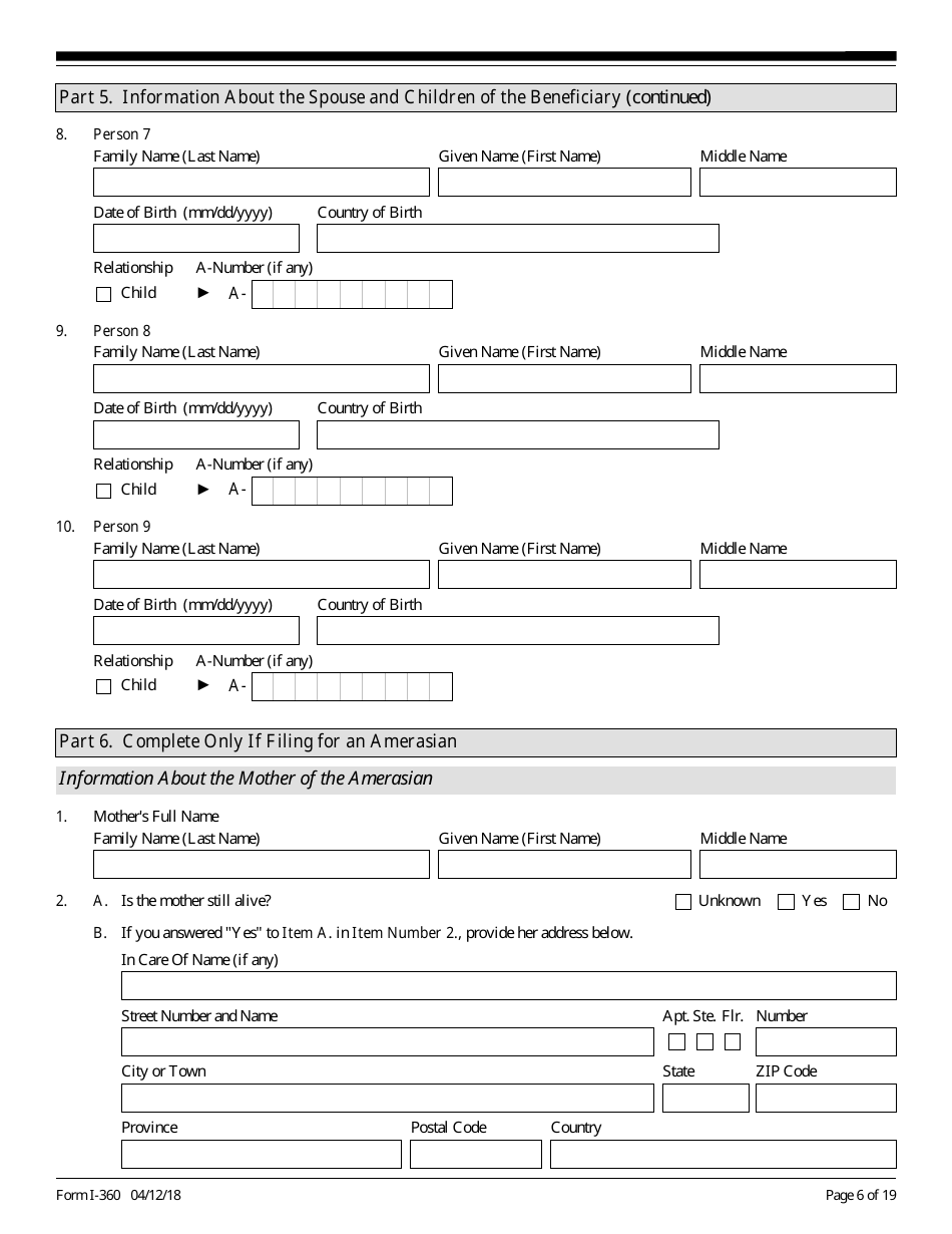 USCIS Form I-360 Petition for Amerasian, Widow(Er), or Special Immigrant, Page 6