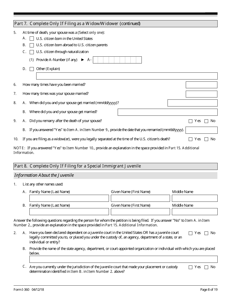 USCIS Form I-360 Petition for Amerasian, Widow(Er), or Special Immigrant, Page 8