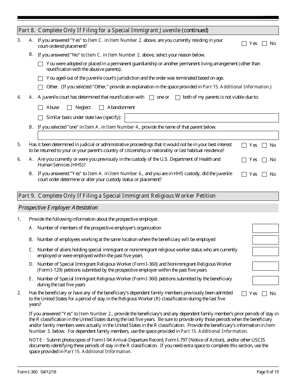USCIS Form I-360 Petition for Amerasian, Widow(Er), or Special Immigrant, Page 9