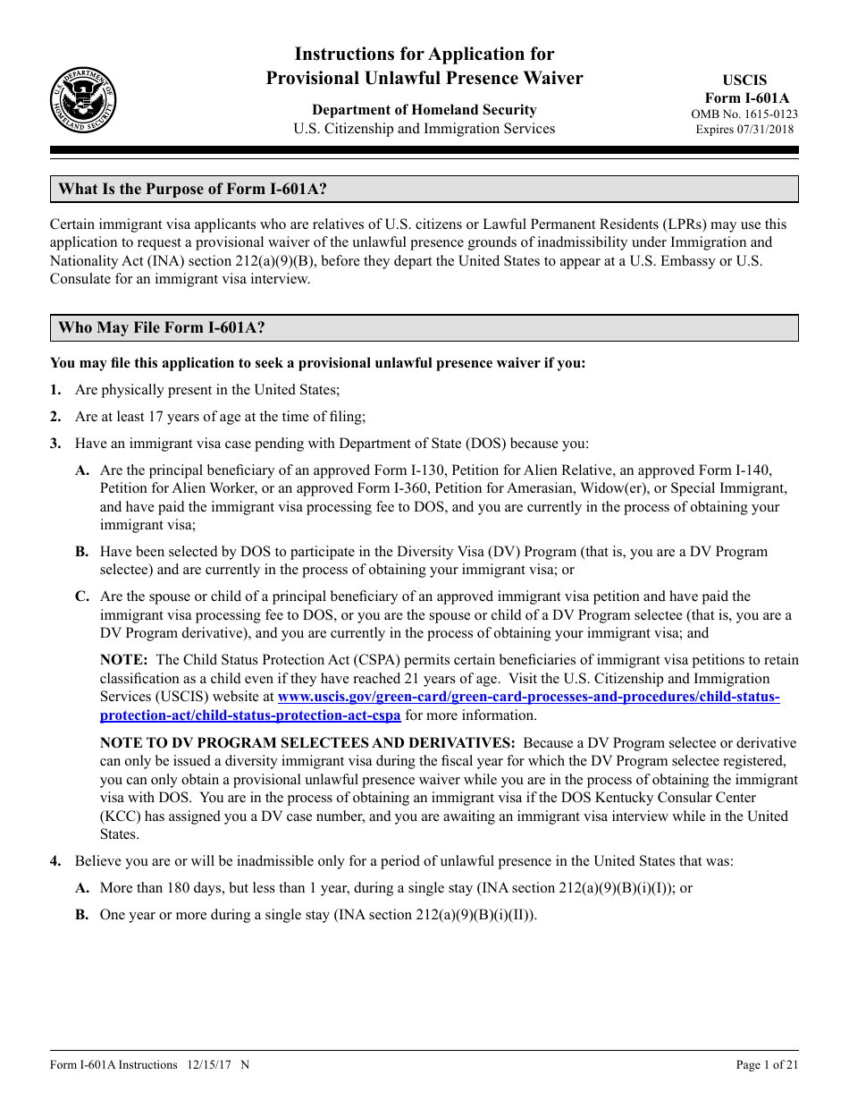 Download Instructions for USCIS Form I601A Application for Provisional