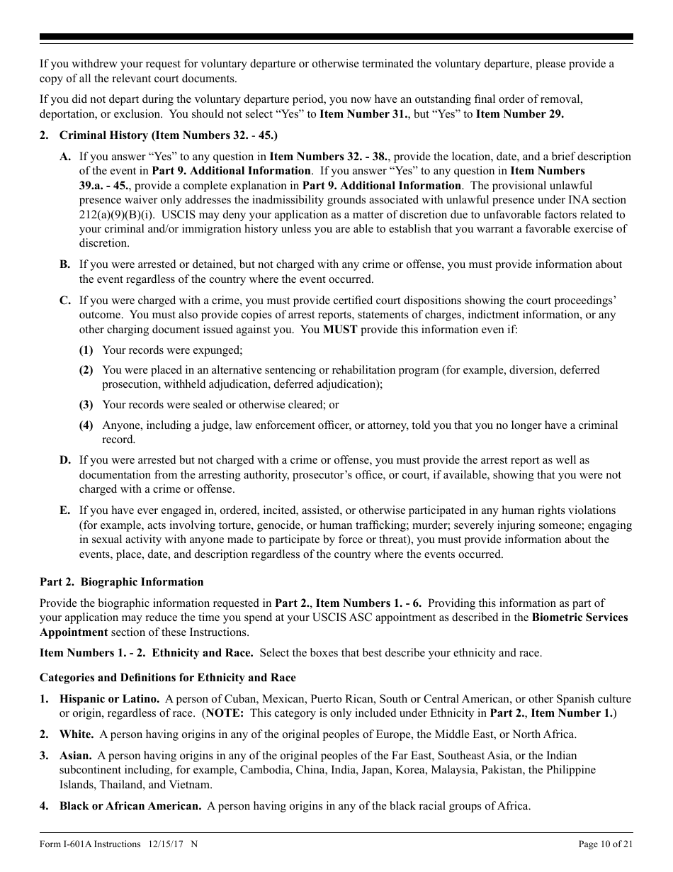 Instructions for USCIS Form I-601A Application for Provisional Unlawful Presence Waiver, Page 10