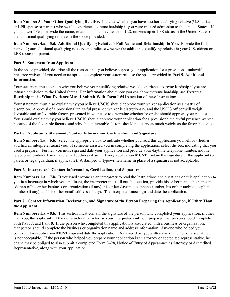 Instructions for USCIS Form I-601A Application for Provisional Unlawful Presence Waiver, Page 12