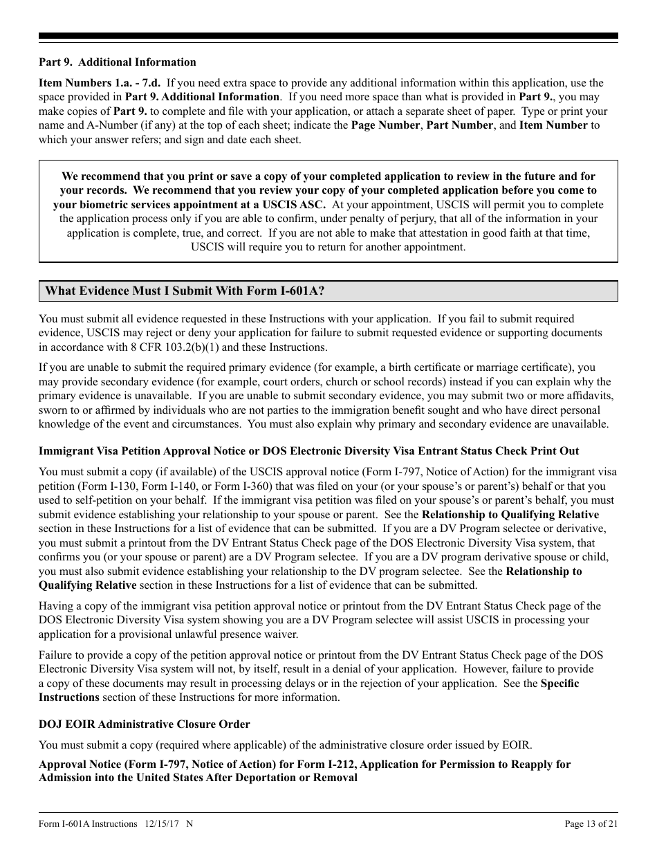 Instructions for USCIS Form I-601A Application for Provisional Unlawful Presence Waiver, Page 13