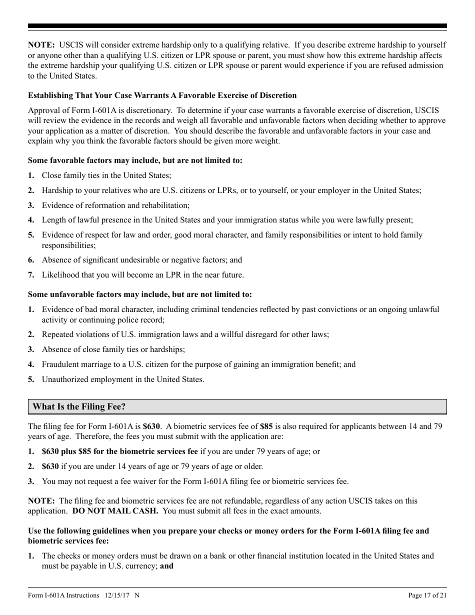 Instructions for USCIS Form I-601A Application for Provisional Unlawful Presence Waiver, Page 17