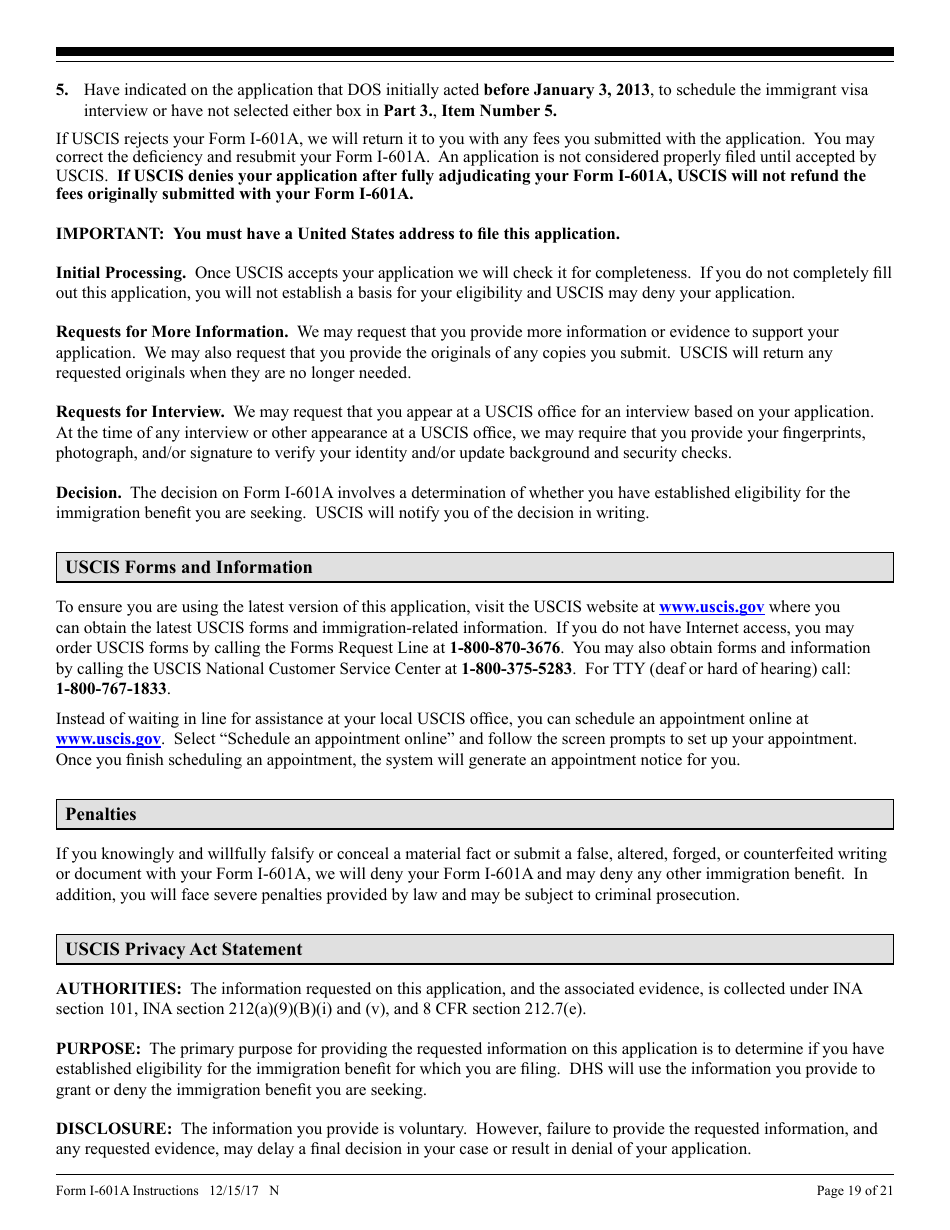 Instructions for USCIS Form I-601A Application for Provisional Unlawful Presence Waiver, Page 19