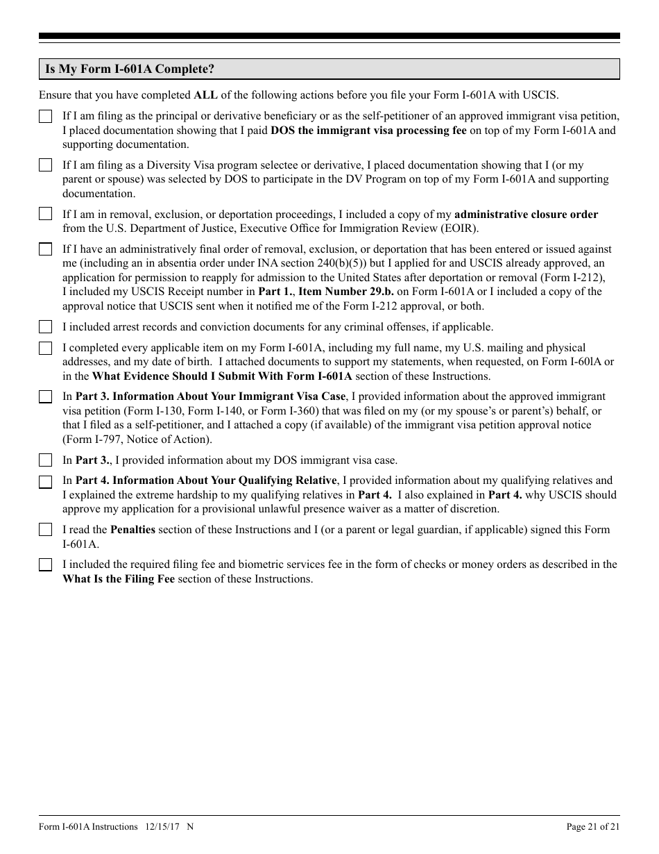 Instructions for USCIS Form I-601A Application for Provisional Unlawful Presence Waiver, Page 21