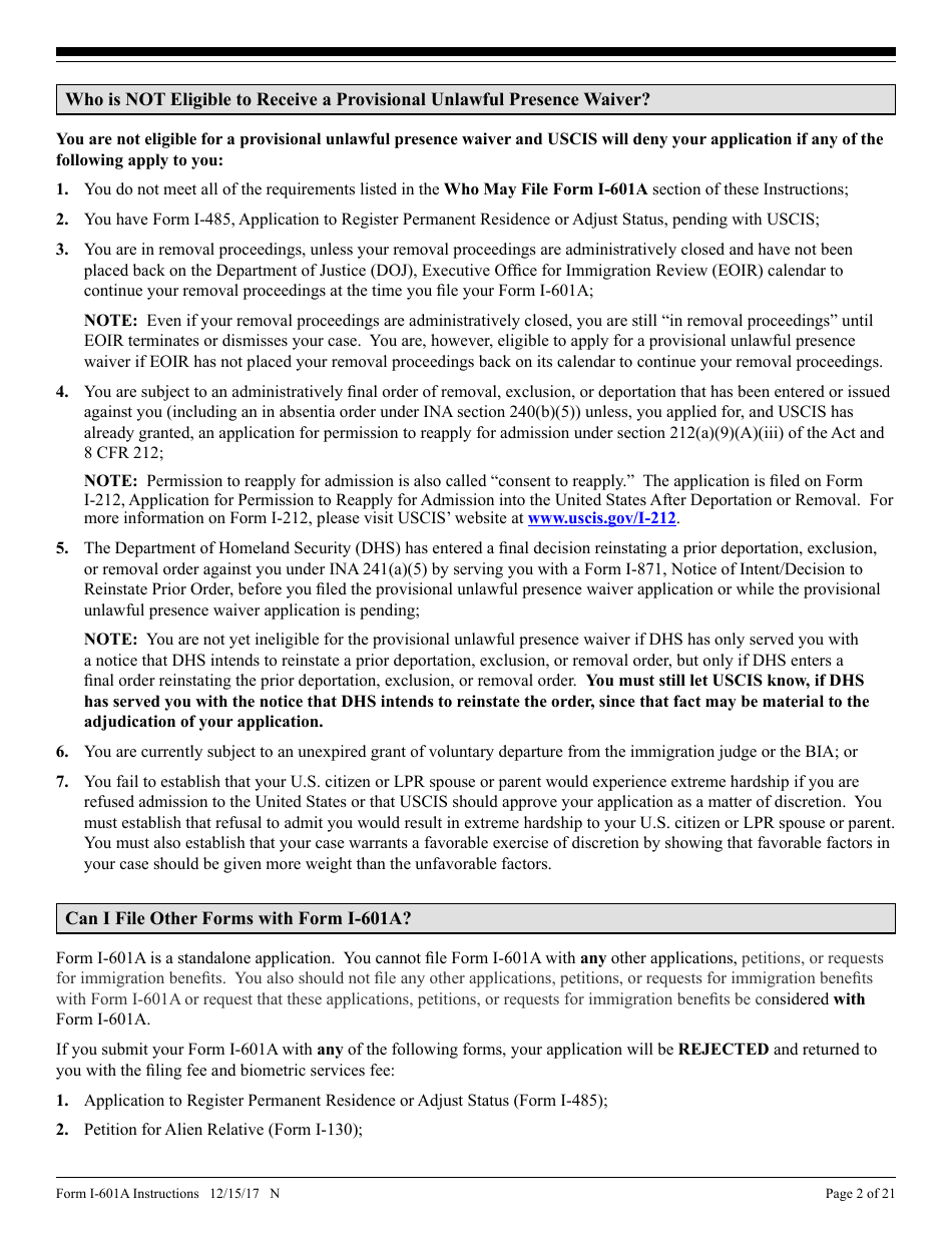 Instructions for USCIS Form I-601A Application for Provisional Unlawful Presence Waiver, Page 2