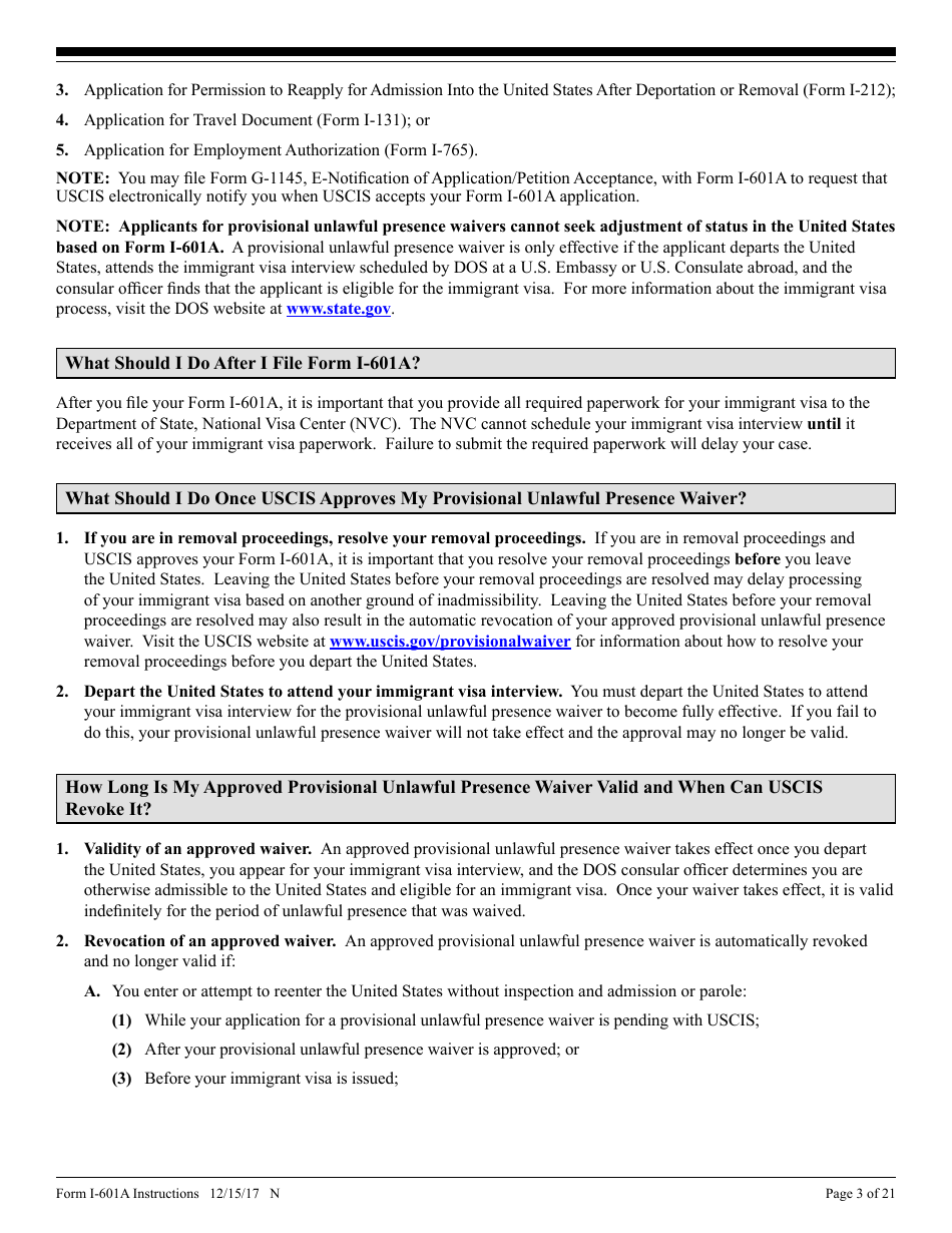 Instructions for USCIS Form I-601A Application for Provisional Unlawful Presence Waiver, Page 3