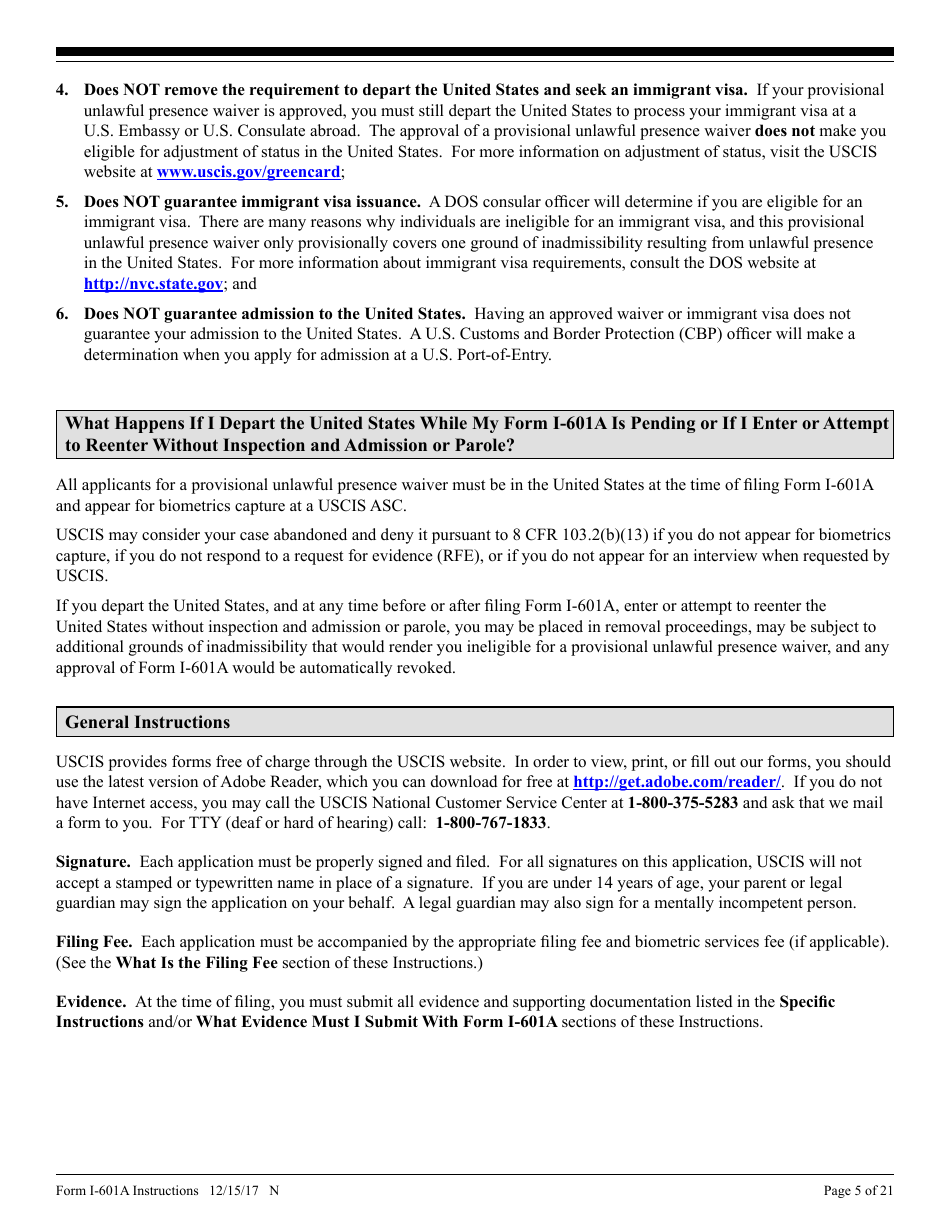 Instructions for USCIS Form I-601A Application for Provisional Unlawful Presence Waiver, Page 5
