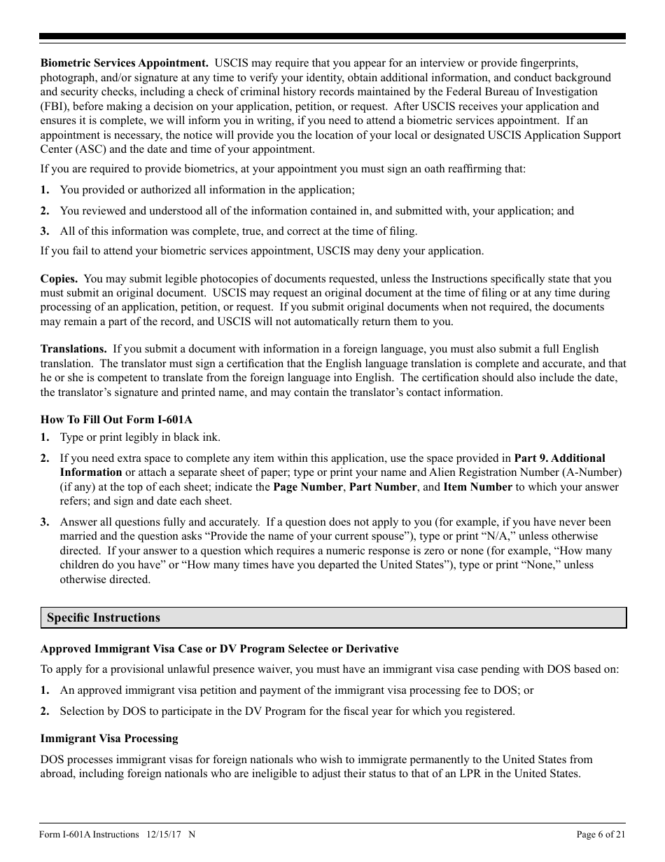 Instructions for USCIS Form I-601A Application for Provisional Unlawful Presence Waiver, Page 6