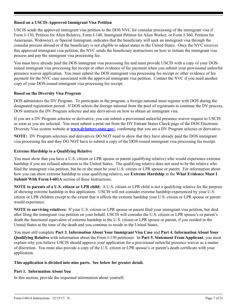 Instructions for USCIS Form I-601A Application for Provisional Unlawful Presence Waiver, Page 7